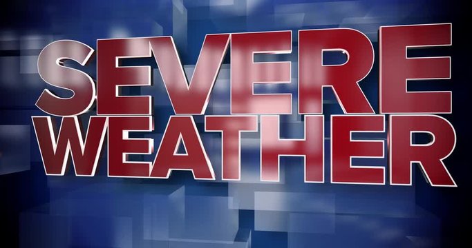 A red and blue dynamic 3D Severe Weather title page animation.	
