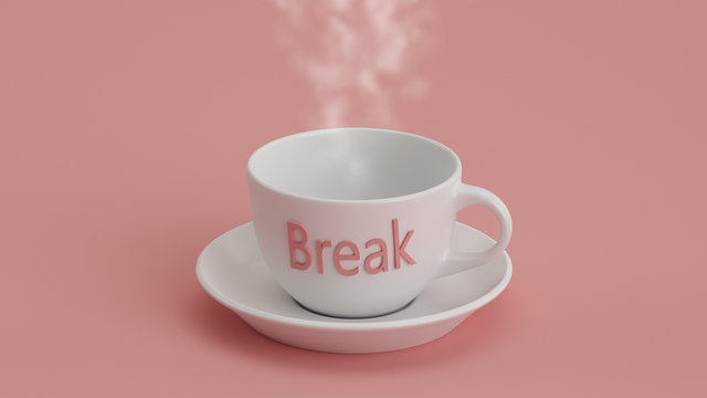 Tasse mit Untertasse mit Aufschrift und Rauch vor rosa Hintergrund