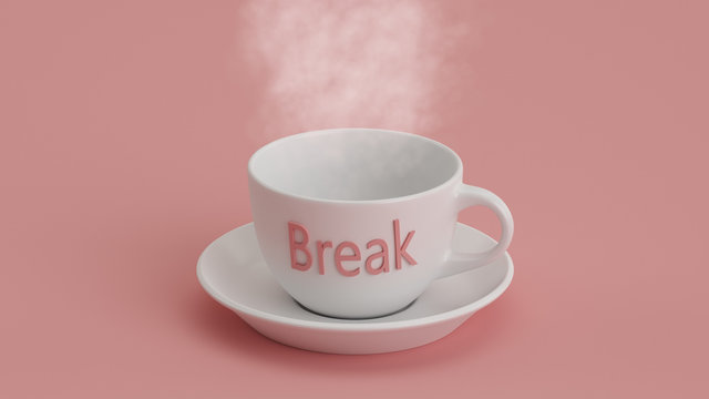 Tasse mit Untertasse mit Aufschrift und Rauch vor rosa Hintergrund