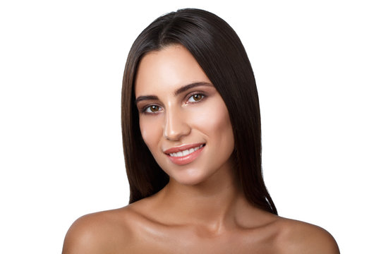 beauty woman portrait of teen girl beautiful cheerful enjoying with long brown hair and clean skin isolated on white background