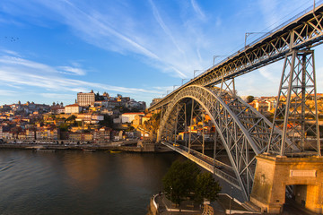 Fototapeta na wymiar View of Douro river and Dom Luis I bridge, Porto, Portugal.