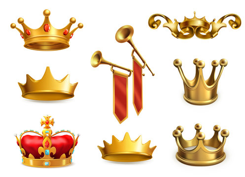 Gold crown of the king. 3d vector icon set