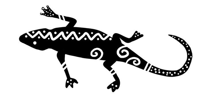 tribal lizard design with bold modern stripes, dots and wavy lines, tropical gecko or salamander