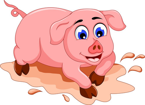 funny pig cartoon with mud puddle