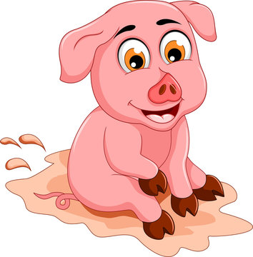 funny pig cartoon sitting in mud puddle