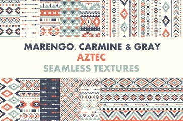 Set of Seamless geometric Ethnic pattern textures. Marengo, Carmine & Gray colors. Navajo geometric print. Rustic decorative ornament. Abstract Native American ornament for the design of textiles