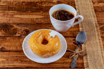 wooden table coffee sweets Donuts breakfast