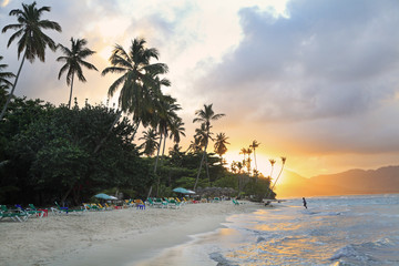 La Playta at sunset, tropical beautiful beach near Las Galeras village in Samana area, Dominican Republic