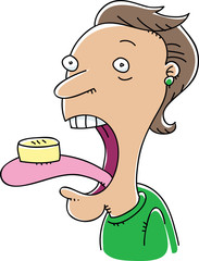 A cartoon woman holding a really large pill on her big, pink tongue.