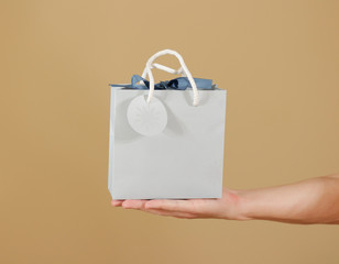 Blank blue paper gift bag with hearts mock up holding in hand. E