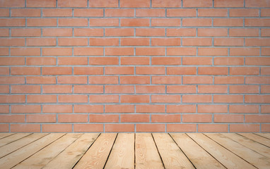 Perspective wood over red brick wall background, room, table, in