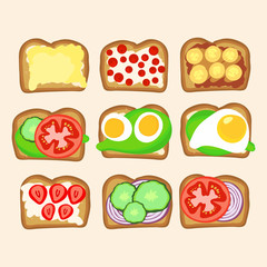 Set of toasts with vegetable, fruits, eggs and berries