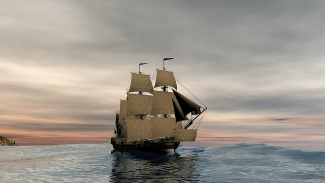 Galleon on high sea onder a sunset 3d rendering 