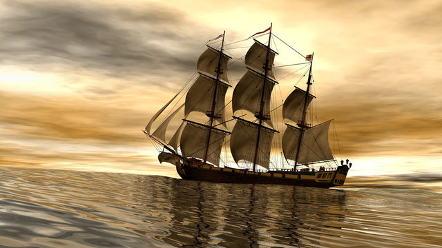 sail ship on deep sea and at the sunset 3d rendering scene 