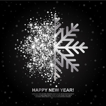 Happy New Year Greeting Card with Silver Glowing Snowflake on black background. Vector Illustration.