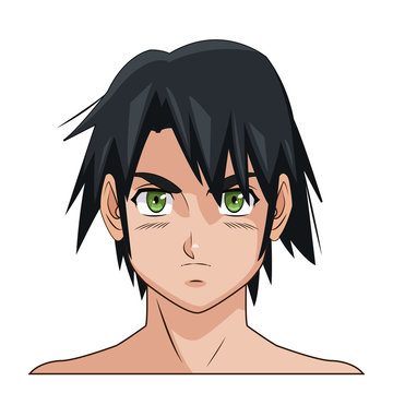 Portrait Face Manga Anime Male Black Hair Green Eyes Vector Illustration Eps 10