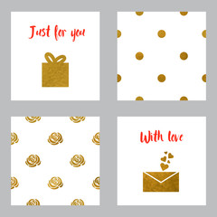 Valentines cards with golden elements and seamless patterns. For invitation, poster, banner, cover or holiday decor. Vector templates