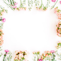 Square frame made of wildflowers. Flat lay, top view. Valentine's background