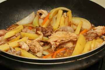 Cooking ,Fried teriyaki chicken with butter potato and herb.