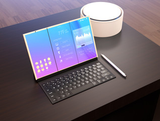 Tablet PC, keyboard, digital pen, voice assistant on a dark wood table. The tablet showing home energy management information. 3D rendering image. © chesky