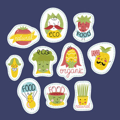 Eco and bio food labels set isolated on blue background. Natural products stickers with fruit and vegetables cartoon characters for organic shop, vegan cafe, restaurant menu, eco bar.