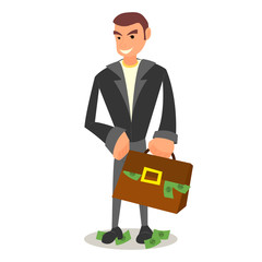 Cheerful businessman or manager holds a briefcase of money, offers a bribe