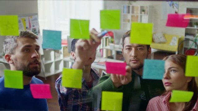 High angle shot of startup workers looking at glass wall planner with post-it notes and linking ideas on them by drawing arrows