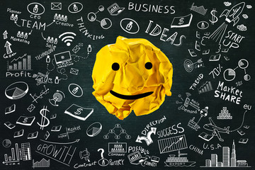 Crumpled paper ball with business doodles set.ideas concept