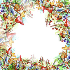 Watercolor Vintage frame postcard. With a bouquet of plants, mushrooms, berries, leaves, wild herbs and flowers. With a place for an inscription