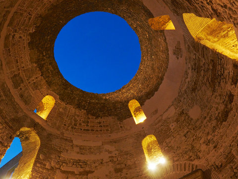 Ancient building roof with circle dormer and opening hole,Near Trg Peristil,Split,Croatia