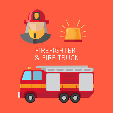 Firefighter and fire truck vector illustration on red background