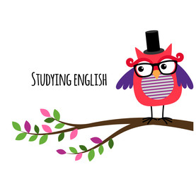 Clever Owl studying English vector banner for education website