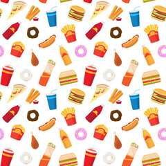 Vector fast food pattern or junk food seamless pattern with white background
