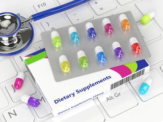 Fototapeta premium 3d rendering of supplements pills lying on keyboard