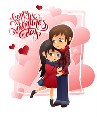 vector detailed flat valentines day card with hugging couple and lettering on hearts background