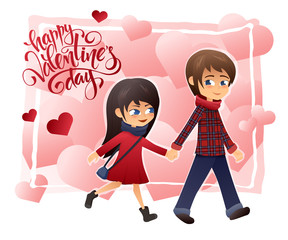 vector detailed flat valentines day card with walking holding hands couple and lettering on hearts background