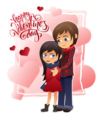 vector detailed flat valentines day card with hugging couple and lettering on hearts background