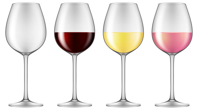 Wine glasses - empty, red wine, white wine and rose wine. Vector illustration.