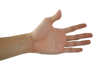 A hand is reaching out so it can shake hands on white background isolated
