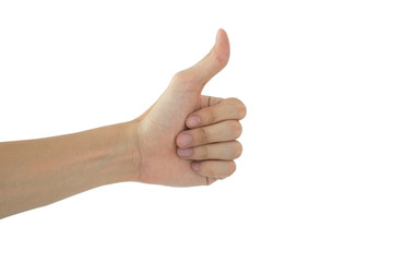 close up man hand showing thumb up on white background isolated