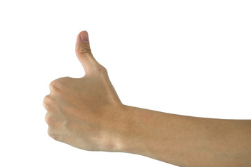 close up man hand showing thumb up on white background isolated