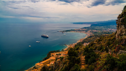 Obraz premium Aerial view to Taormina bay, Sicily, Italy