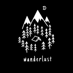 Fototapeta na wymiar Hand drawn mountain adventure label. Wanderlust. Nature vector illustration. Typography design with trees, tent and snowy mountain, badge and inspirational insignia. Stencil. 