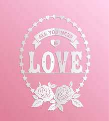 Love paper cut on pink for wedding and valentine's day card. Vector illustration.