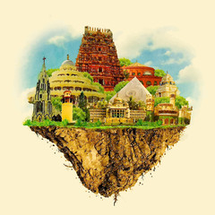 BANGALORE city on floating land vector water color illustration