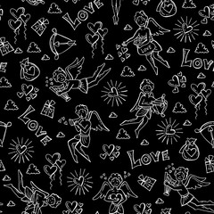 Naklejka premium Pattern with hand drawn isolated symbols of Valentine's Day on black color. Pattern on the theme of love