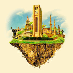 Fototapeta premium BEIRUT city on floating land vector water color illustration