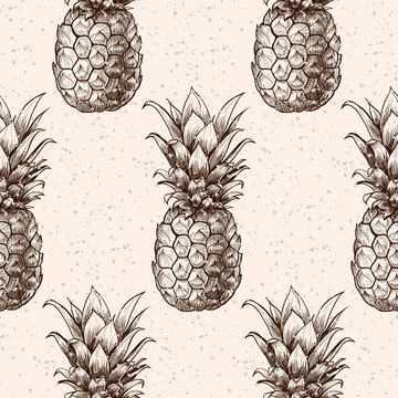 Vector pineapples hand drawn sketch.  Vector seamless pattern.  Vintage style
