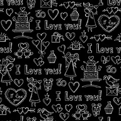 Vector pattern with hand drawn isolated symbols of Valentine's Day on black background. Pattern on the theme of love
