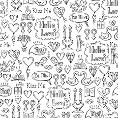 Vector pattern with hand drawn isolated symbols of Valentine's Day on white color. Pattern on the theme of love